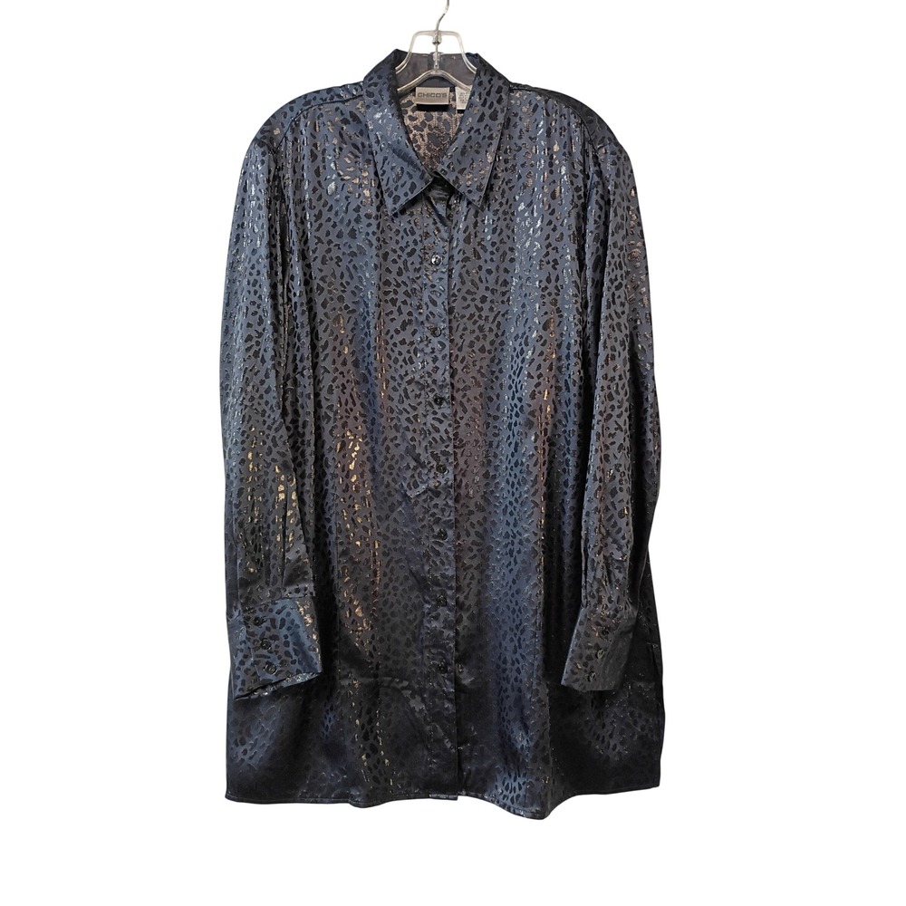 Chico's Sz XL Silk Blend Animal Print Sheer Metallic Button Down Shirt Blouse